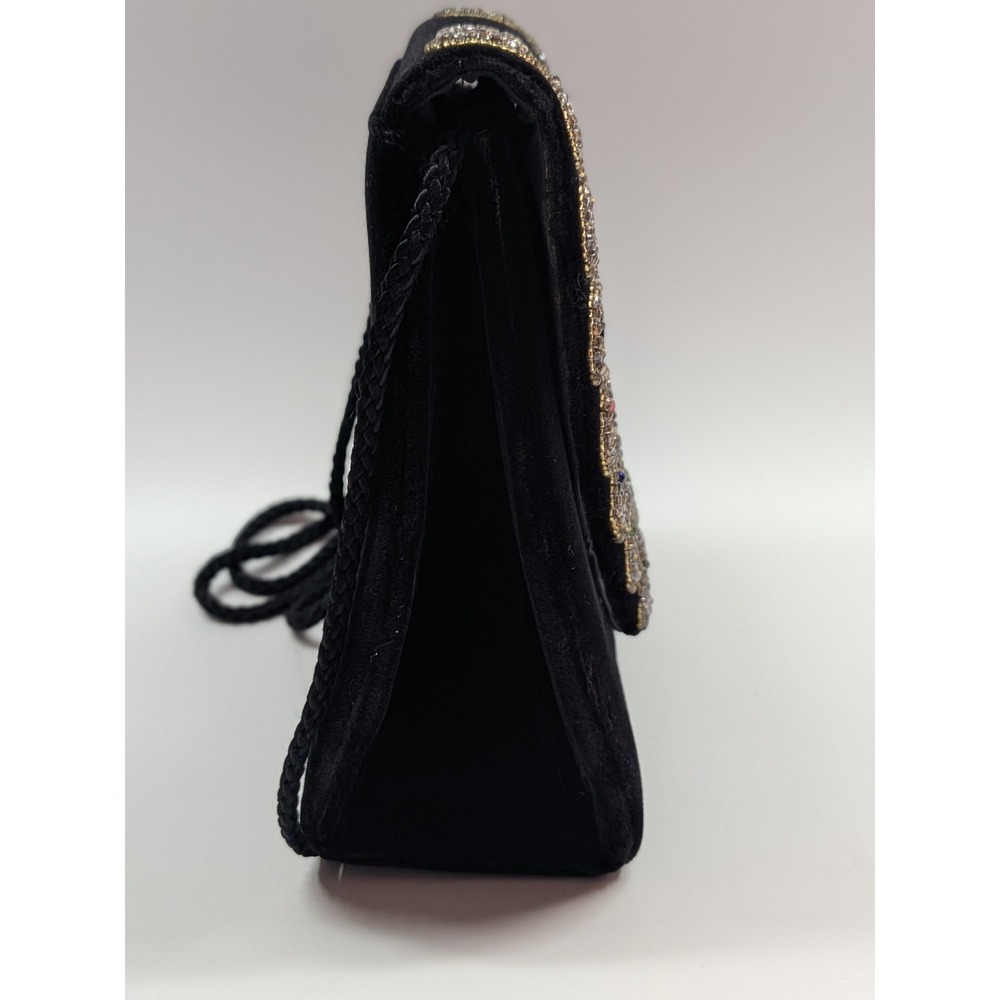 Vintage Style Black Velvet Beaded Crossbody Evening Bag Jeweled Gemstone Clutch - Picture 4 of 16